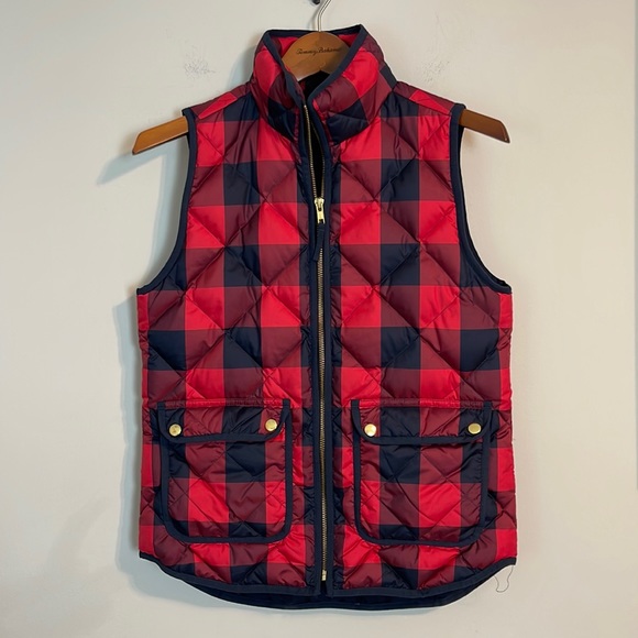 J.Crew red and black check puffer vest